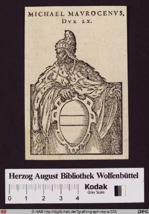 Brustbild des Dogen Michele Morosini über seinem Wappen