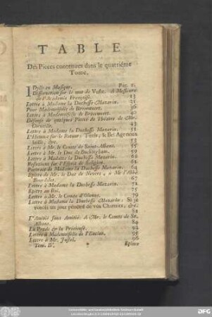 Table Des Pieces contenues dans le quatrième Tome.