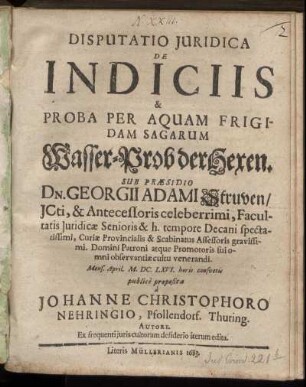 Disputatio Iuridica De Indiciis & Proba Per Aquam Frigidam Sagarum