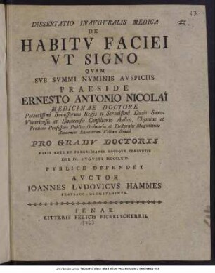 Dissertatio Inauguralis Medica De Habitu Faciei Ut Signo