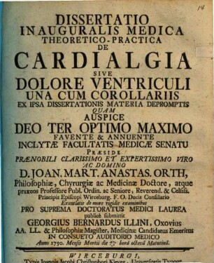 Diss. inaug. ... de cardialgia, sive dolore ventriculi