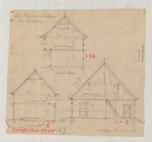 Wustrau (Kreis Ruppin): Hof Miessner. - Schweinestall (Querschnitt). - Kuhstall (Querschnitt). - Wohnhaus (Querschnitt)