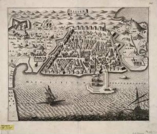 Vogelschauplan von Algier, Kupferstich, 1682? : Algier. - [Ca. 1:4 700]. - [Amsterdam] , [1682?]. - 1 Vogelschaupl. : Kupferst. ; 51 x 41 cm ; S oben. - Oben rechts 186