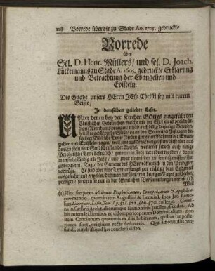 Vorrede über Sel. D. Henr. Müllers/ und sel. D. Joach. Lütkemanns zu Stade A.1605. gedruckte Erklärung und Betrachtung der Evangelien und Episteln.