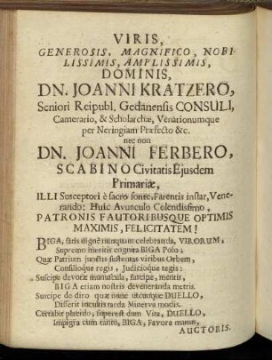 Viris, Generosis, Magnifico, [...] Dn. Joanni Kratzero, [...] Dn. Joanni Ferbero, [...]