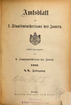 Amtsblatt des Königlichen Staatsministeriums des Innern. 20. 1892