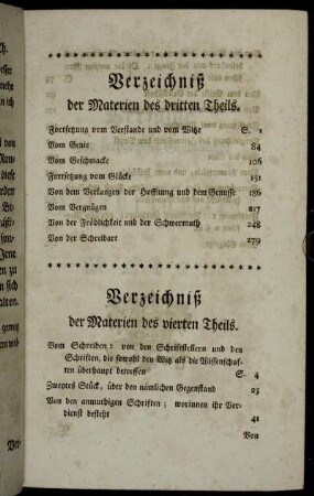 Verzeichniß der Materien des dritten Theils. - Verzeichniß der Materien des vierten Theils.