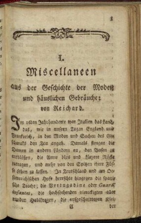 I. Miscellaneen aus der Geschichte der Moden und häuslichen Gebräuche