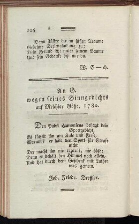 An G. wegen seine Sinngedichts auf Melchior Götze, 1780.