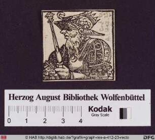 Brustbildnis eines bärtigen Fürsten in Rüstung mit Helm, Krone und Szepter.