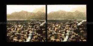 Panorama von Bad Ragaz mit Fluss Tamina und Gebirge im Hintergrund