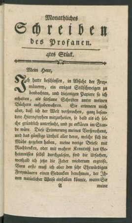 Monathliches Schreiben des Profanen. 4tes Stück.