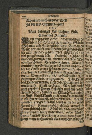 CXIV. Vom Mangel der wahren Lieb. Charität Rarität.