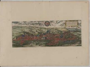 Ansicht von Eisleben vor dem Stadtbrand von 1689, kolorierter Kupferstich, 1572 : Eisleben, Eislebia comitatus Mansfeldiae opp./ [Stecher: Franz Hogenberg, Hrsg.: Braun u. Hogenberg]. - [Coloniae Agrippiniae], [1572]. - 1 Kunstblatt : Kupferst. ; mehrfarb. ; 33,7 x 23,1 cm. - Braun, Georg, . - Titel oben Mitte. - Mit 1 Wappen. - Aus: Städtebuch "Civitates Orbis Terrarum" (in der deutschen Übretragung von Schefold: Beschreibung und Contrafactur der Vornembster Stät der Welt) heraus, wobei Hogenberg im Wesentlichen Schöpfer der Kupfertafeln war. (Köln: Godfrid von Kempen 1572-1618), Bd. 1 (1572)