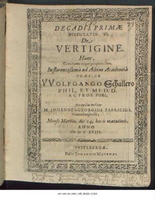 Decadis Primae Disputatio VI, De Vertigine