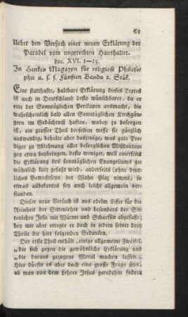Ueber den Versuch einer neuen Erklärung der Parabel vom ungerechten Haushalter.