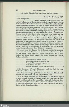 Julius Eduard Hitzig an August Wilhelm von Schlegel, Berlin, 30.11.1807