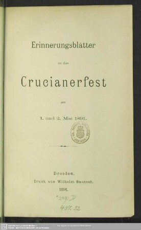 Erinnerungsblätter an das Crucianerfest am 1. und 2. Mai 1891