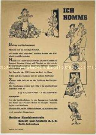 Aufruf der Berliner Handelszentrale Schrott und Altstoffe zur Abgabe von Altstoffen