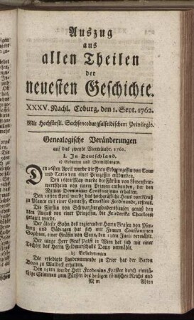 XXXV. Nachl. Coburg, den 1. Sept. 1762.