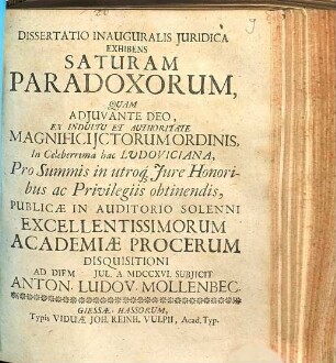Dissertatio Inauguralis Juridica Exhibens Saturam Paradoxorum