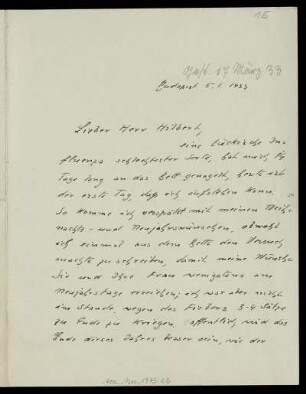 Nr. 15: Brief von Alfred Haar an David Hilbert, Budapest, 5.1.1933