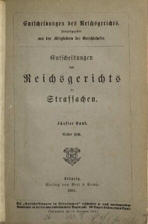 Entscheidungen des Reichsgerichts in Strafsachen. 5. 1882