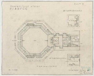 Fischer, Theodor; Planegg bei München (Bayern); Ev. Waldkirche - 2. u. 3. Turmgeschoss u. 1. OG (Grundrisse)