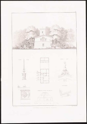 Matrosenhaus im Garten zu Glienicke: Grundriss, Ansicht, Details (aus: Architektonisches Album, Bd. 1, H.9, hrsg.v. Stüler, Knoblauch, Salzenberg, Strack, 1842)