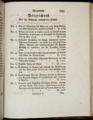 Verzeichnis Der im Anhange enthaltenen Stücke.