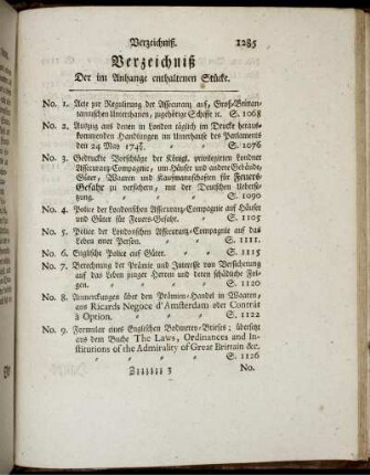 Verzeichnis Der im Anhange enthaltenen Stücke.