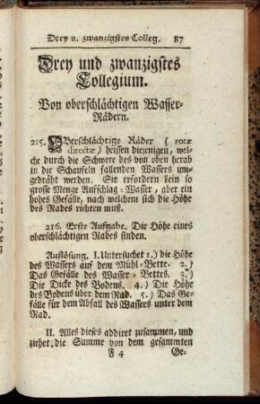 Drey und zwazigstes Collegium. Von oberschlächtigen Wasser-Rädern.