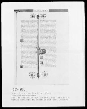 Franziskanisches Brevier — Initiale P, darin Christus im Gespräch mit drei Jüngern, Folio 135recto
