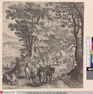 [Landschaft mit am Fluss rastenden Reisenden und Pferden]