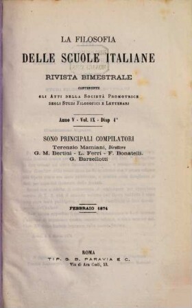 La filosofia delle scuole italiane : rivista bimestrale. 1874, Vol. 9 = Anno 5