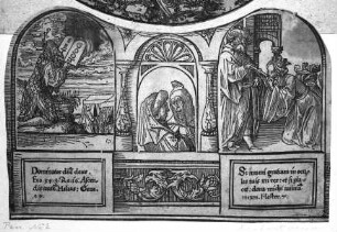 Die sogenannte "Große Passion Christi" — Vignette mit Mose auf dem Berg Sinai (links), Esther vor Ahasver (Mitte) und den Halbfiguren zweier Propheten (rechts)
