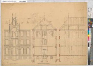 Hiltrup (Münster) Herz Jesu Missionshaus Schnitte, Giebelansicht der Nordfront (1897) 1 : 50 74 x 98 Zeichnung Franz Wucherpfennig, Architekt Nachlaß Wucherpfennig