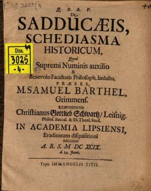 De Sadducaeis schediasma historicum