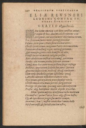 Eliae Reusneri Leorini Contra Furores Turcicos Oratio ...