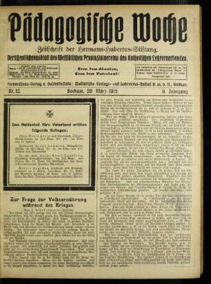 Zur Frage der Volksernährung während des Krieges