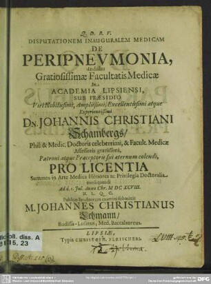 Disputationem Inauguralem Medicam De Peripnevmonia