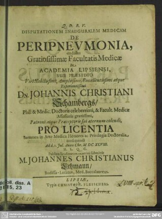 Disputationem Inauguralem Medicam De Peripnevmonia