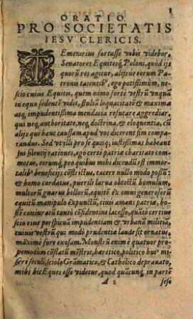 Nobilis Poloni, Pro Societatis Iesv Clericis, Oratio Prima : In Ficti Eqvitis Poloni In Iesvitas actionem primam