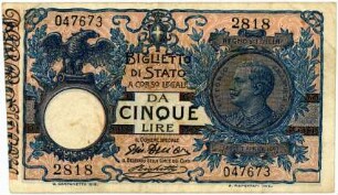 Geldschein, 5 Lire, 19.10.1904