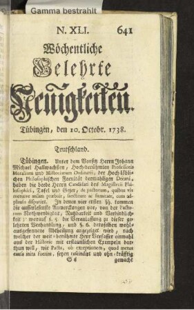 N. XLI. Tübingen, den 10. Octobr. 1738