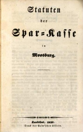 Statuten der Spar-Kasse in Moosburg