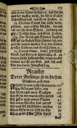 Register Derer Gesänge, so in diesem Büchlein zu finden.