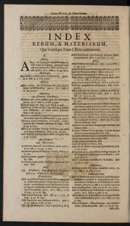 Index Rerum, & Materiarum, ...
