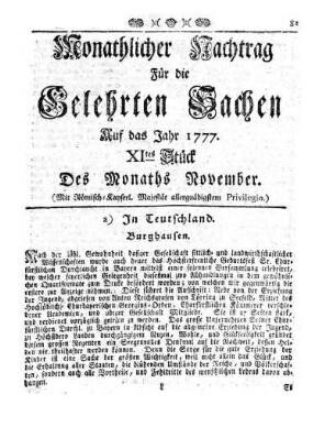 Monathlicher Nachtrag [...] Auf das Jahr 1777. XItes Stück Des Monaths November