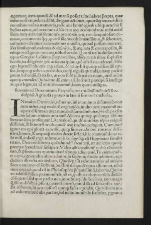 Socratis Ad Demonicum Parenesis, per eruditissimu[m] Rodolphu[m] Agricola[m] e graeco in latinu[m] sermone[m] traducta.